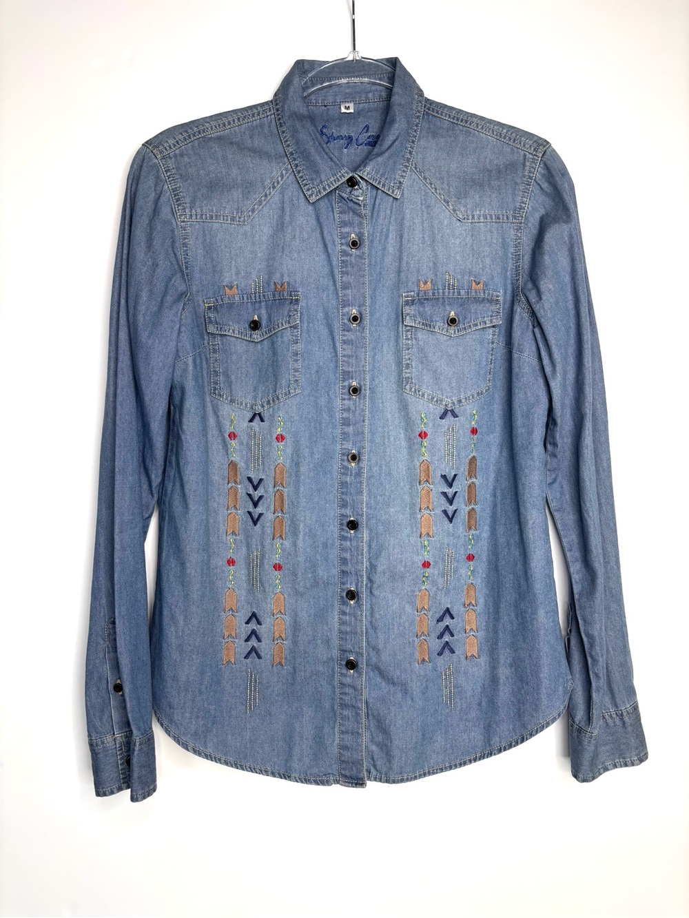 Embroidered Aztec Western Blue Chambray Cotton Button-Down Shirt by Sherry Cervi